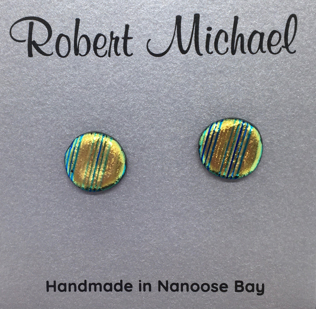Robert Tutty - Earrings - Dichroic glass, gold with black & green lines by Robert Tutty - McMillan Arts Centre - Vancouver Island Art Gallery