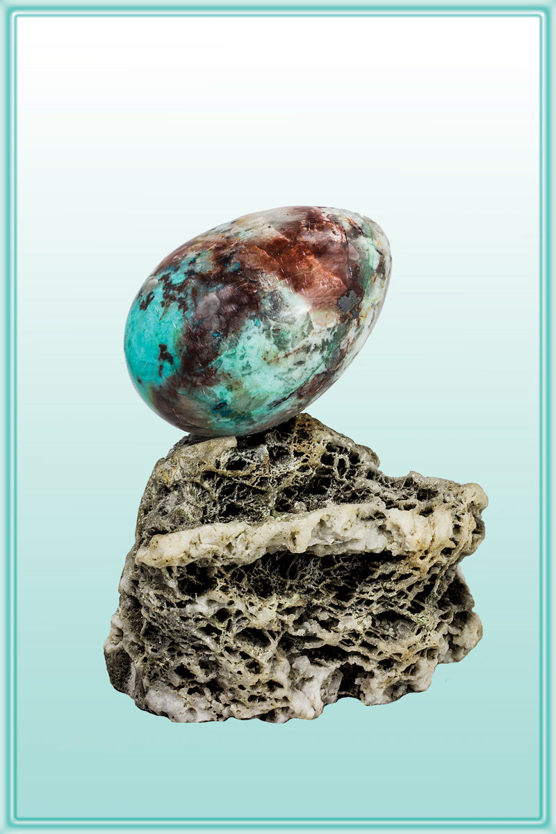 Robert Thodeson - Carving - Chrysocolla  egg mounted on Dolomite - Robert Thodeson - McMillan Arts Centre Gallery, Gift Shop and Box Office - Vancouver Island Art Gallery