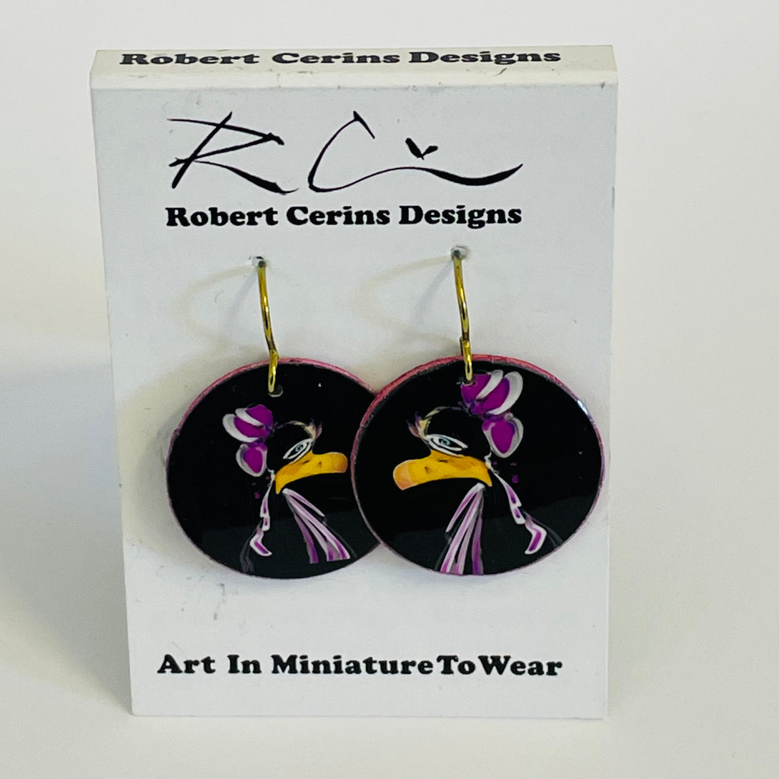 Robert Cerins - Earrings - Bird in purple on black circle - Robert Cerins - McMillan Arts Centre Gallery, Gift Shop and Box Office - Vancouver Island Art Gallery