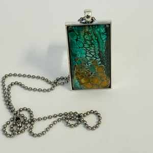 Linda Campbell -Pendant - Large Rectangle - green & copper, on silver colour chain