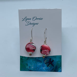 Lynn Orriss - Earrings - Ball, red, black & pink on silver hook by Lynn Orriss - McMillan Arts Centre - Vancouver Island Art Gallery