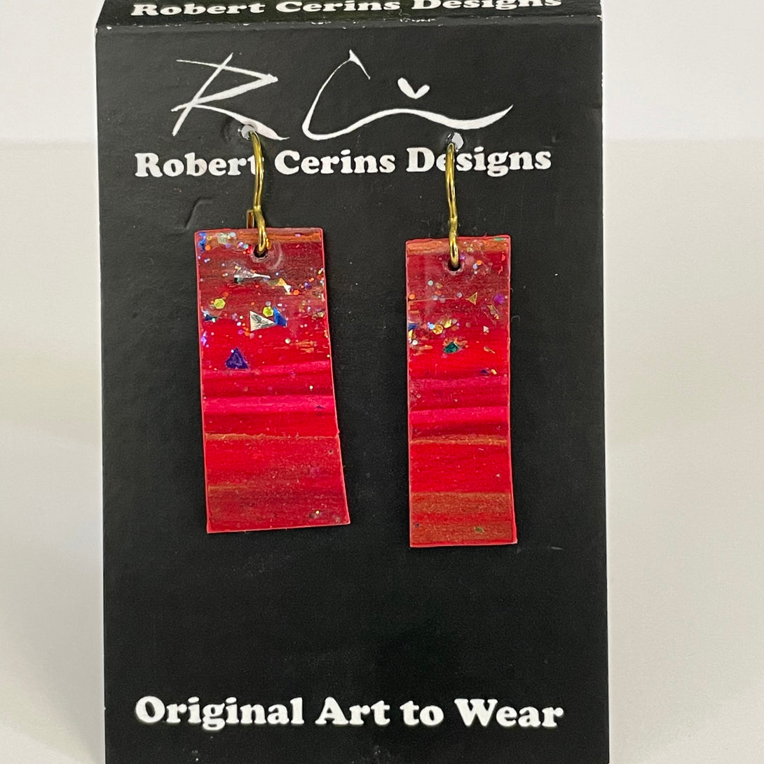 Robert Cerins - Earrings - Red with foil -Rectangle by Robert Cerins - McMillan Arts Centre - Vancouver Island Art Gallery