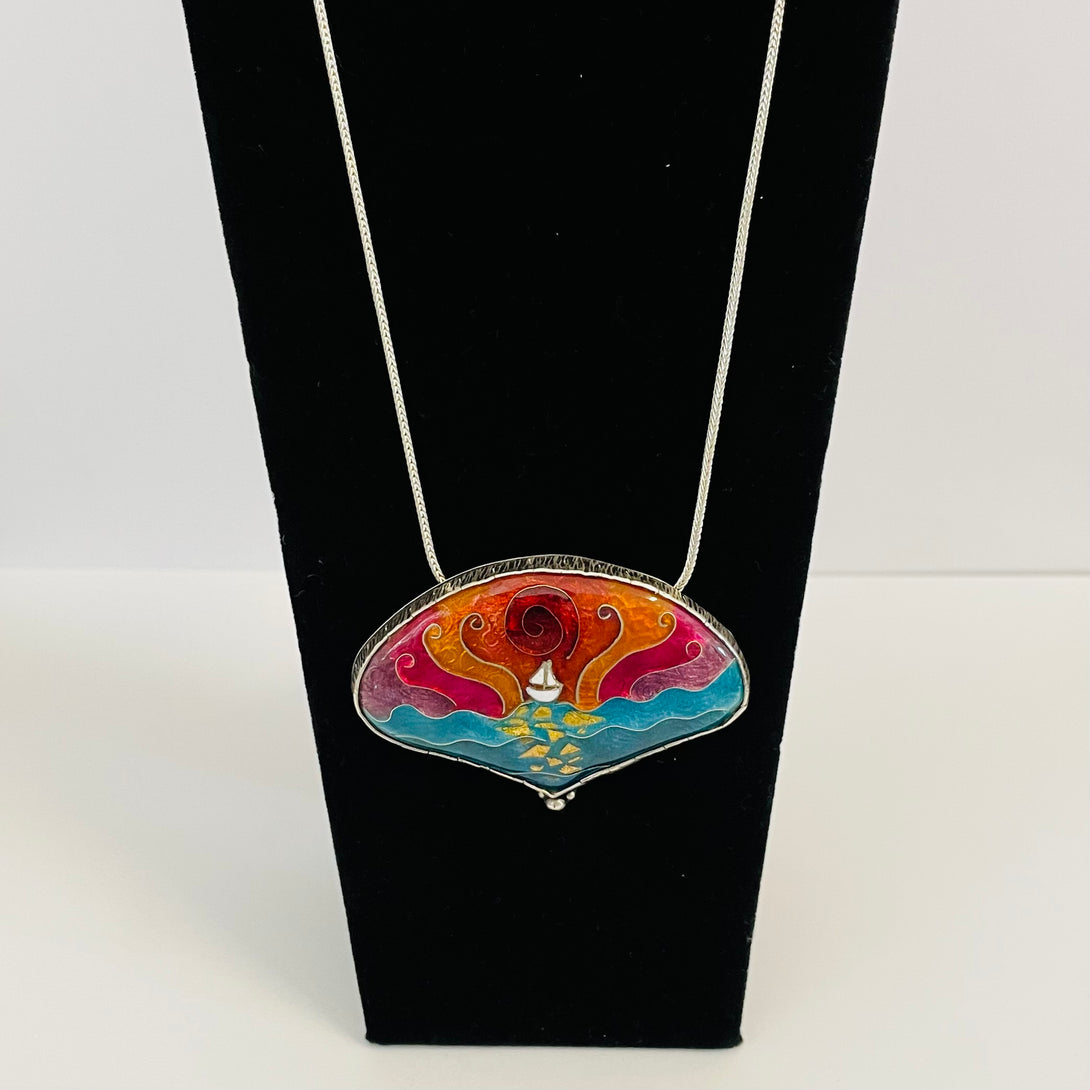 Gina Shear - Pendant -Sailboat against sunset on sterling silver chain - Gina Shear - McMillan Arts Centre Gallery, Gift Shop and Box Office - Vancouver Island Art Gallery