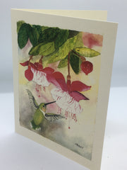 Load image into Gallery viewer, Pam Vest - Card - Hummingbird with fuschia - Pam Vest - McMillan Arts Centre Gallery, Gift Shop and Box Office - Vancouver Island Art Gallery
