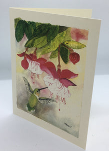 Pam Vest - Card - Hummingbird with fuschia by Pam Vest - McMillan Arts Centre - Vancouver Island Art Gallery