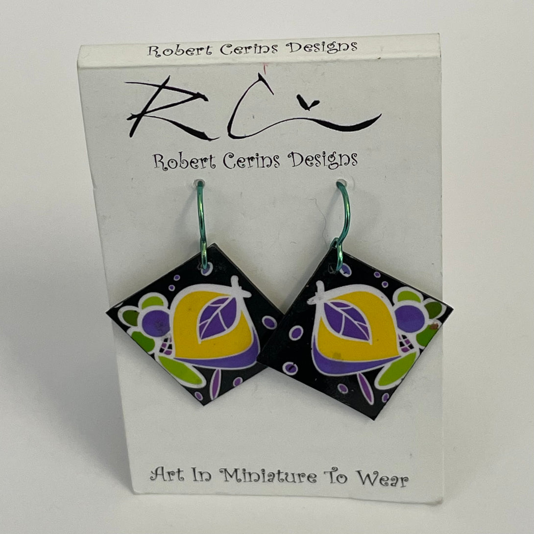 Robert Cerins - Earrings - Yellow, purple green - Black Rectangle by Robert Cerins - McMillan Arts Centre - Vancouver Island Art Gallery