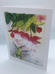 Load image into Gallery viewer, Pam Vest - Card - Hummingbird with fuschia - Pam Vest - McMillan Arts Centre Gallery, Gift Shop and Box Office - Vancouver Island Art Gallery
