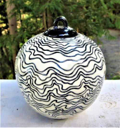Nancy Gayou - Pottery - Black & White pot with black lid - Nancy Gayou - McMillan Arts Centre - MAC Box Office - Vancouver Island Art Gallery
