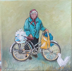 Fay St. Marie - Painting - "Baba, Bike & Duck"  acrylic  6" x 6"